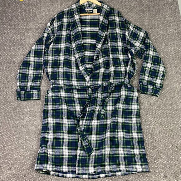 LL Bean Flannel Robe Men's Large Green Blue Plaid Check Bath Sleep - Picture 1 of 8